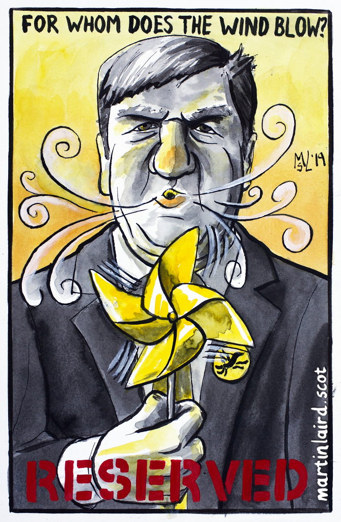 For Whom does the Wind Blow, energy policy being reserved to Westminster? Cartoon depicting Alistair Carmichael MP blowing a paper wind turbine. Pen, ink & gouache, 2019.